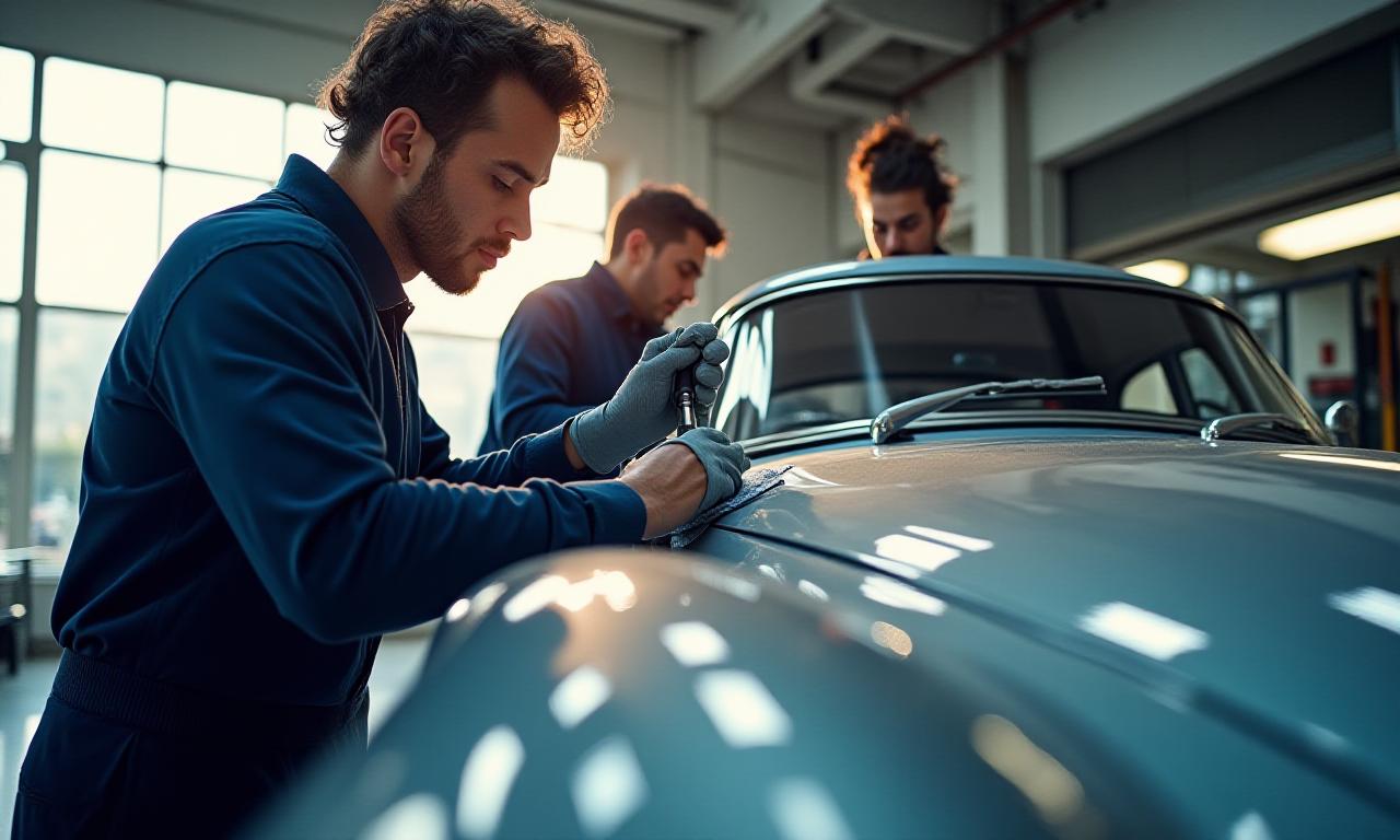 Team AquaIsle AutoCare al lavoro su un'auto d'epoca